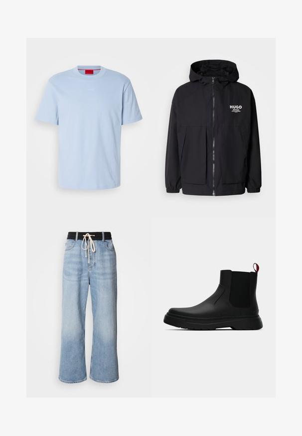 Černá kapucňová bunda s plným předním zipem, elastickými manžetami a dvojitými předními kapsami. Tištěné logo na levém prsu. Hladká textura.; Světle modré bavlněné tričko s kulatým výstřihem, krátkými rukávy a decentním bílým logem "HUGO" na hrudi. Hladká textura.; Světle modré široké džíny s černým elastickým pasem, s šňůrkovým uzávěrem a klasickým designem s pěti kapsami.; Černé kotníkové boty s hladkým povrchem, elastickými bočními panely a kontrastním červeným poutkem, s tlustou gumovou podrážkou a zaoblenou špičkou.
