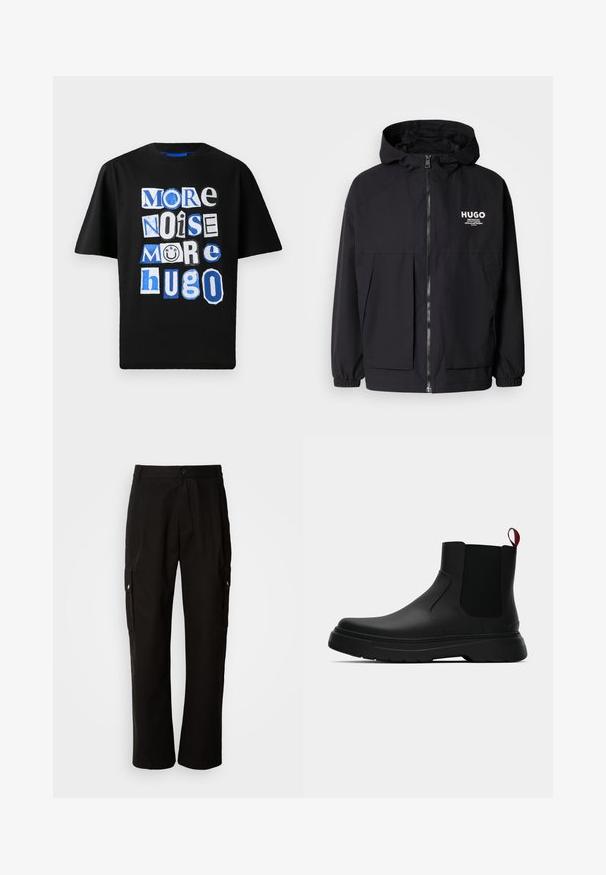 Juodas gobtuvas striukė su pilnu priekiniu užtrauktuku, elastinėmis rankovėmis ir dviem priekinėmis kišenėmis. Spausdintas logo ant kairės krūtinės. Lygus tekstūruotas paviršius.; Juodas medvilnės marškinėlis su ryškiu grafiniu tekstu, pateiktu įvairiais šriftais ir mėlynų bei baltų atspalvių, žaismingai išdėstytu ant priekinės pusės.; Juodos krovinių kelnės, pagamintos iš medvilnės, laisvo kirpimo, su šoninėmis kišenėmis, mygtuko uždarymu ir tiesiomis kojomis. Paprastas dizainas, be raštų.; Juodas kulkšninis batas su lygiu paviršiumi, elastiniais šonų intarpais ir kontrastingu raudonu kilimėliu, turintis storą guminį pado ir apvalią nosį.