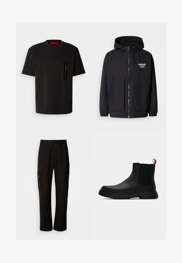 Mustat hupparitakki, jossa on täysipituinen vetoketju, joustavat hihansuut ja kaksinkertaiset etupussit. Vasemmassa rinnassa painettu logo. Sileä tekstuuri.; Mustan lyhythihaisen T-paidan, jossa on pyöreä kaula-aukko, etutasku vetoketjulla, huomaamaton logo rinnassa ja sileä kangas. ; Mustat cargo-housut puuvillasta, joissa on rento istuvuus, sivutaskut, nappikiinnitys ja suorat lahkeet. Yksinkertainen muotoilu ilman kuvioita.; Musta nilkkuri, jossa on sileä pinta, elastiset sivupaneelit ja erottuva punainen vetonauha, paksu kumipohja ja pyöristetty varvas.