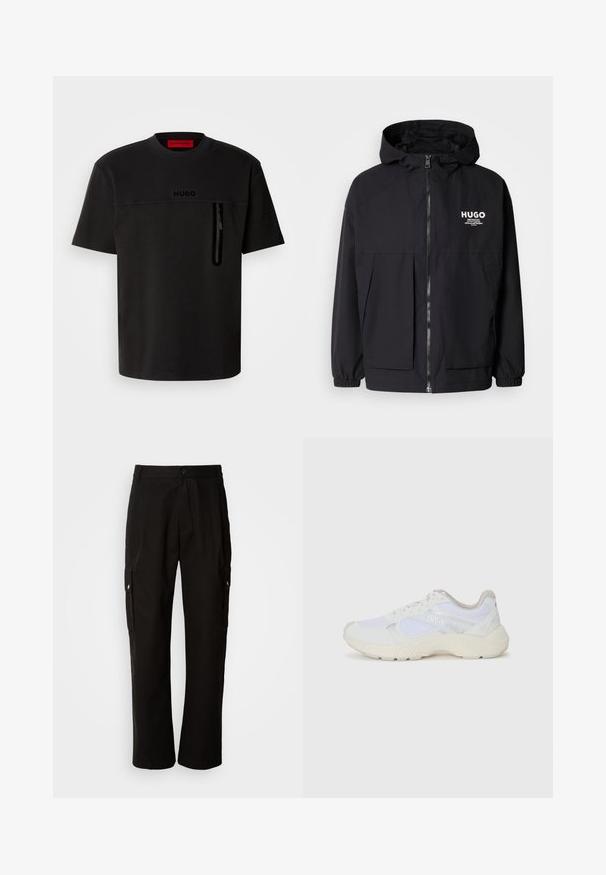 Black hooded jacket featuring a full front zip, elastic cuffs, and dual front pockets. Printed logo on the left chest. Smooth texture.; Black short-sleeve T-shirt with a crew neck, featuring a front zip pocket, subtle logo on the chest, and a smooth fabric texture.; Black cargo pants made of cotton with a relaxed fit, featuring side pockets, a button closure, and straight legs. Simple design without patterns.; White athletic shoes made of mesh and suede, featuring a textured midsole, textured accents, and "HUGO" logo on the side.