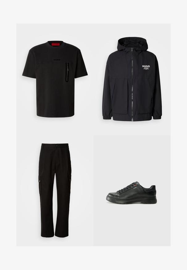 Černá kapucňová bunda s plným předním zipem, elastickými manžetami a dvojitými předními kapsami. Tištěné logo na levém prsu. Hladká textura.; Černé tričko s krátkým rukávem a kulatým výstřihem, se přední kapsou na zip, decentním logem na hrudi a hladkým povrchem.; Černé cargo kalhoty vyrobené z bavlny s uvolněným střihem, vybavené bočními kapsami, zapínáním na knoflík a rovnými nohavicemi. Jednoduchý design bez vzorů.; Černé kožené tenisky s texturovaným svrškem, polstrovaným límcem a červeným logem. Disponují tlustou gumovou podrážkou s výrazným vzorem.