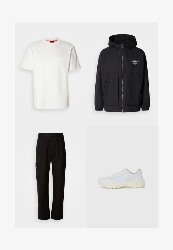 Black hooded jacket featuring a full front zip, elastic cuffs, and dual front pockets. Printed logo on the left chest. Smooth texture.; Lightweight white cotton T-shirt with a crew neck, short sleeves, and subtle embroidered logo on the chest, featuring a smooth texture.; Black cargo pants made of cotton with a relaxed fit, featuring side pockets, a button closure, and straight legs. Simple design without patterns.; White athletic shoes made of mesh and suede, featuring a textured midsole, textured accents, and "HUGO" logo on the side.