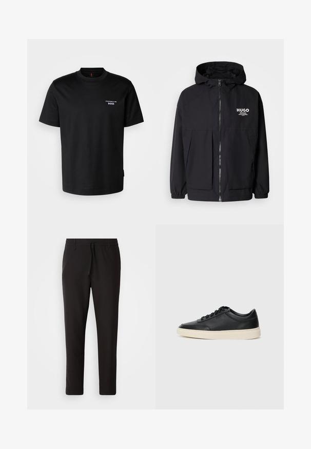 Črna kapuca jakna z full front zadrgo, elastičnimi manšetami in dvema sprednjima žepoma. Natisnjena logo na levi prsni strani. Gladka tekstura.; Črna bombažna majica s kratkimi rokavi in okroglim izrezom, na levem prsnem delu pa bele vezenine z napisom "Porsche BOSS".; Črne jogger hlače iz gladkega blaga. Imajo elastičen pas z vrvico, zožane hlačnice in brez vidnih žepov. Enostaven dizajn.; Črne nizke usnjene teniske s črnimi vezalkami in svetlo belo podplatom, prikazane v stranskem profilu na beli podlagi.