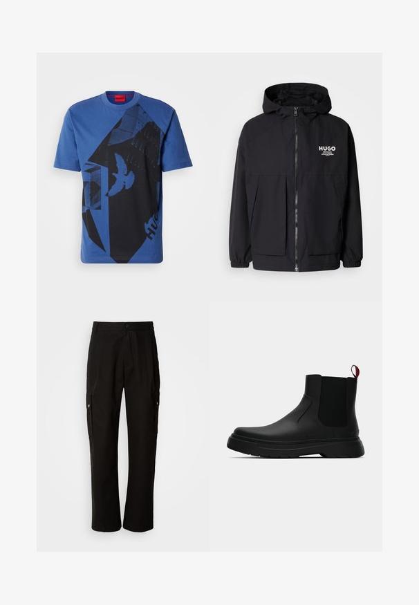 Melnā kapuce jaka ar pilnu priekšējo rāvējslēdzēju, elastīgām piedurknēm un divām priekšējām kabatām. Izdrukāts logo kreisajā krūtī. Gluda tekstūra.; Zila kokvilnas t-krekls ar apaļu kaklu, kas rotāts ar melnu grafisku rakstu, tajā skaitā formām un putniem, un ar sarkanu etiķeti kakla daļā.; Melnas kokvilnas kravas bikses ar brīvu piegriezumu, ar sānu kabatām, pogu aizdari un taisnām kājām. Vienkāršs dizains bez rakstiem.; Melnas potītes ar gludu apdari, elastīgiem sānu paneļiem un kontrastējošu sarkano cilpu, aprīkotas ar biezu gumijas zoli un noapaļotu purngalu.