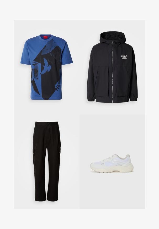 Must tumes jakk, millel on täispikktõmblukk, elastsed mansetid ja kaks esist pocketit. Prinditud logo vasakul rinnal. Sile tekstuur.; Sinine puuvillane T-särk ümmarguse kaelusega, mis sisaldab musta graafilist mustrit kujundite ja lindudega, ning punast sildiga kaeluses.; Mustad mustadeks rõivasteks mõeldud puuvillased püksid, millel on lõdva istuvuse disain, küljetaskud, nööbiga sulgemine ja sirged sääred. Lihtne disain ilma mustriteta.; Valged sportlikud jalanõud, mis on valmistatud võrkkangast ja seemisnahast, sisaldavad tekstureeritud vahetald, tekstureeritud aktsentide ning küljes oleva "HUGO" logo.