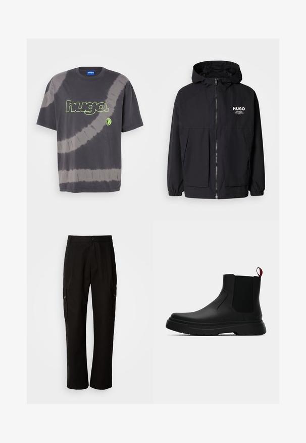 Juodas gobtuvas striukė su pilnu priekiniu užtrauktuku, elastinėmis rankovėmis ir dviem priekinėmis kišenėmis. Spausdintas logo ant kairės krūtinės. Lygus tekstūruotas paviršius.; Tamsiai pilkas marškinėliai su raidu, apvaliu kaklu ir trumpomis rankovėmis, ant priekinės pusės yra žalia "hugO." logotipas su apvaliu raštu.; Juodos krovinių kelnės, pagamintos iš medvilnės, laisvo kirpimo, su šoninėmis kišenėmis, mygtuko uždarymu ir tiesiomis kojomis. Paprastas dizainas, be raštų.; Juodas kulkšninis batas su lygiu paviršiumi, elastiniais šonų intarpais ir kontrastingu raudonu kilimėliu, turintis storą guminį pado ir apvalią nosį.