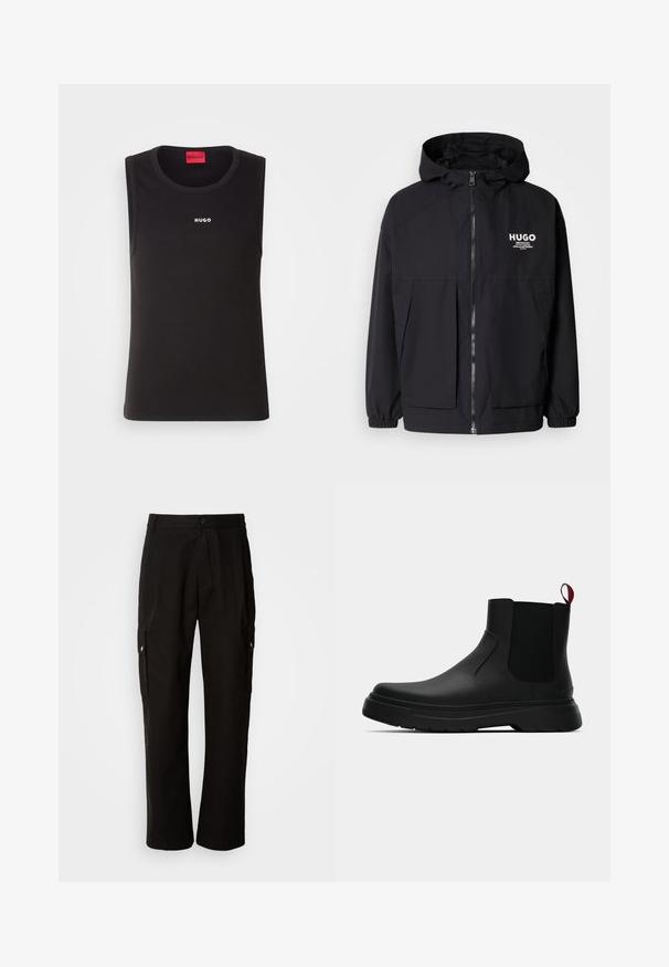 Black hooded jacket featuring a full front zip, elastic cuffs, and dual front pockets. Printed logo on the left chest. Smooth texture.; Black sleeveless t-shirt made of soft cotton, featuring a crew neck and a white "HUGO" logo on the front. Simple and fitted design.; Black cargo pants made of cotton with a relaxed fit, featuring side pockets, a button closure, and straight legs. Simple design without patterns.; Black ankle boot with a smooth finish, elastic side panels, and a contrasting red pull tab, featuring a thick rubber sole and rounded toe.