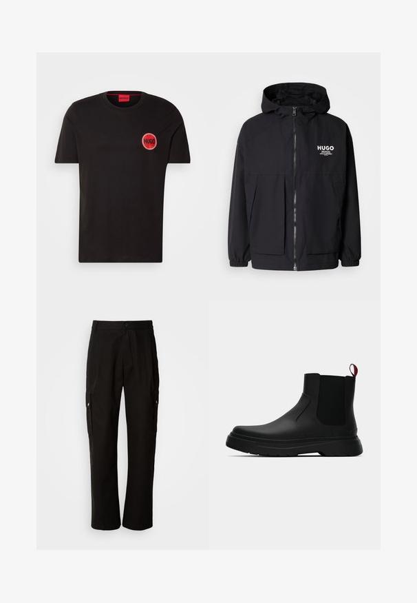 Must tumes jakk, millel on täispikktõmblukk, elastsed mansetid ja kaks esist pocketit. Prinditud logo vasakul rinnal. Sile tekstuur.; Must black t-särk ümmarguse punase logoga, millel on sõna "HUGO". Tavaline sobivus, ümmargune kaelus, lühikesed varrukad, sile tekstuur.; Mustad mustadeks rõivasteks mõeldud puuvillased püksid, millel on lõdva istuvuse disain, küljetaskud, nööbiga sulgemine ja sirged sääred. Lihtne disain ilma mustriteta.; Mustad musta värvi ankle boot, millel on sile viimistlus, elastsed külgpaneelid ja kontrastne punane tõmbetaba. Saapadel on paks kummist tald ja ümar varvas.