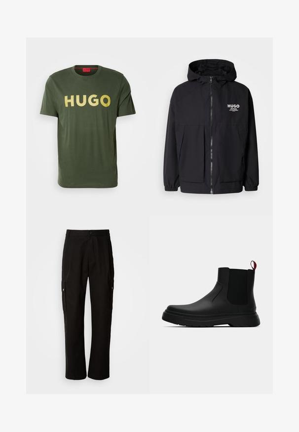Melnā kapuce jaka ar pilnu priekšējo rāvējslēdzēju, elastīgām piedurknēm un divām priekšējām kabatām. Izdrukāts logo kreisajā krūtī. Gluda tekstūra.; Olīvzaļa kokvilnas T-kreklā ar apaļu kakla izgriezumu un īsām piedurknēm. Uz priekšpuses ir liels, drosmīgs, zelta "HUGO" teksta uzraksts.; Melnas kokvilnas kravas bikses ar brīvu piegriezumu, ar sānu kabatām, pogu aizdari un taisnām kājām. Vienkāršs dizains bez rakstiem.; Melnas potītes ar gludu apdari, elastīgiem sānu paneļiem un kontrastējošu sarkano cilpu, aprīkotas ar biezu gumijas zoli un noapaļotu purngalu.