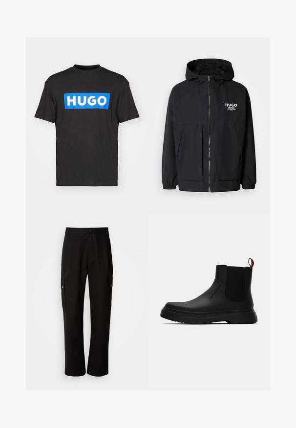 Juodas gobtuvas striukė su pilnu priekiniu užtrauktuku, elastinėmis rankovėmis ir dviem priekinėmis kišenėmis. Spausdintas logo ant kairės krūtinės. Lygus tekstūruotas paviršius.; Juodas medvilninis marškinėlis su mėlynu stačiakampiu logotipu, kuriame užrašyta "HUGO" baltomis raidėmis, apvaliu kaklu ir trumpomis rankovėmis.; Juodos krovinių kelnės, pagamintos iš medvilnės, laisvo kirpimo, su šoninėmis kišenėmis, mygtuko uždarymu ir tiesiomis kojomis. Paprastas dizainas, be raštų.; Juodas kulkšninis batas su lygiu paviršiumi, elastiniais šonų intarpais ir kontrastingu raudonu kilimėliu, turintis storą guminį pado ir apvalią nosį.