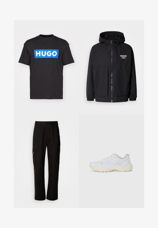 Black hooded jacket featuring a full front zip, elastic cuffs, and dual front pockets. Printed logo on the left chest. Smooth texture.; Black cotton t-shirt featuring a blue rectangular logo with the text "HUGO" in white, round neckline, and short sleeves.; Black cargo pants made of cotton with a relaxed fit, featuring side pockets, a button closure, and straight legs. Simple design without patterns.; White athletic shoes made of mesh and suede, featuring a textured midsole, textured accents, and "HUGO" logo on the side.