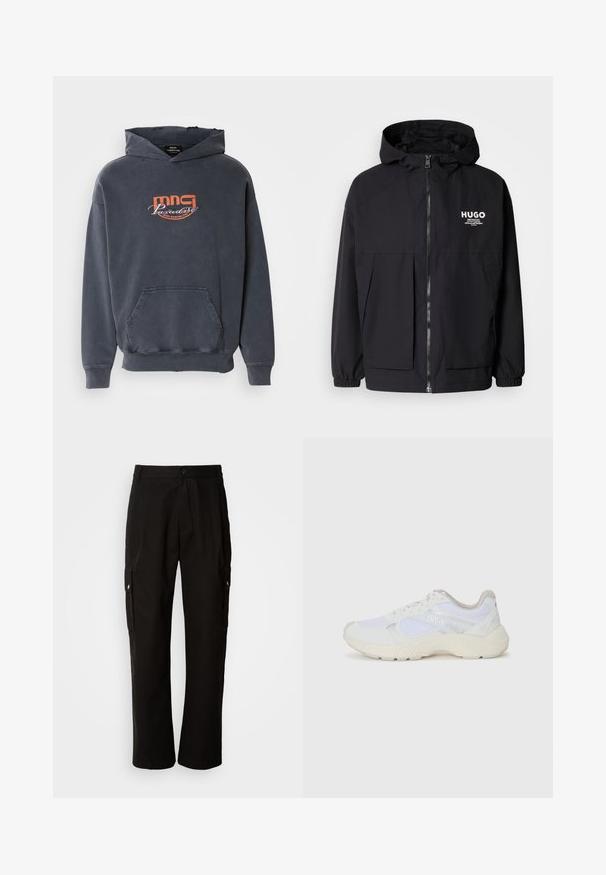 Jachetă neagră cu glugă, având un fermoar complet pe față, manșete elastice și două buzunare frontale. Logo imprimat pe partea stângă a pieptului. Textură netedă.; Hanorac gri închis cu buzunar frontal, glugă cu șnur și logo grafic portocaliu "mmg Paradise Disco Dancing Club" pe piept. Material din amestec de bumbac.; Pantaloni cargo negri din bumbac, cu o croială lejeră, având buzunare laterale, închidere cu nasture și picioare drepte. Design simplu, fără modele.; Adidași albi, din plasă și piele întoarsă, cu o talpă intermediară texturată, accente texturate și logo-ul "HUGO" pe lateral.