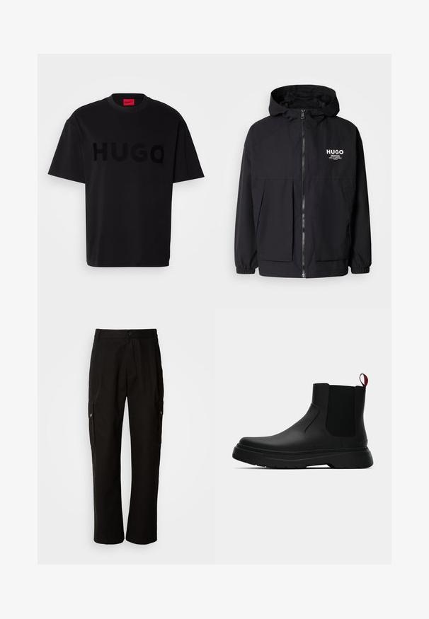 Melnā kapuce jaka ar pilnu priekšējo rāvējslēdzēju, elastīgām piedurknēm un divām priekšējām kabatām. Izdrukāts logo kreisajā krūtī. Gluda tekstūra.; Melnas kokvilnas T-krekls ar īsām piedurknēm, apaļu kakla izgriezumu, un uz priekša izvietotu lielu, spīdīgu melnu "HUGO" logo. Gluda tekstūra.; Melnas kokvilnas kravas bikses ar brīvu piegriezumu, ar sānu kabatām, pogu aizdari un taisnām kājām. Vienkāršs dizains bez rakstiem.; Melnas potītes ar gludu apdari, elastīgiem sānu paneļiem un kontrastējošu sarkano cilpu, aprīkotas ar biezu gumijas zoli un noapaļotu purngalu.