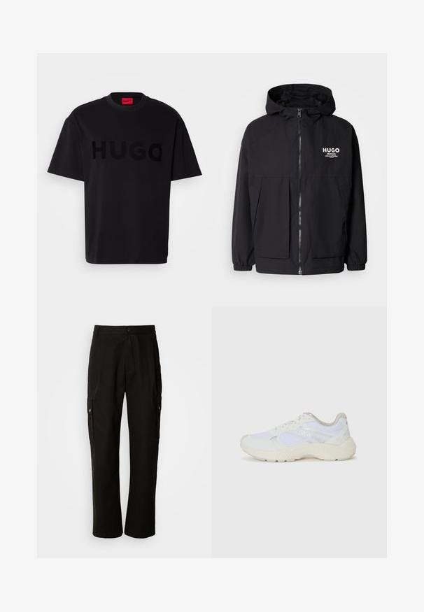 Must tumes jakk, millel on täispikktõmblukk, elastsed mansetid ja kaks esist pocketit. Prinditud logo vasakul rinnal. Sile tekstuur.; Must musta särk lühikeste varrukatega, ümmarguse kaelusega, mille esiküljel on suur, läikiv must "HUGO" logo. Sile tekstuur.; Mustad mustadeks rõivasteks mõeldud puuvillased püksid, millel on lõdva istuvuse disain, küljetaskud, nööbiga sulgemine ja sirged sääred. Lihtne disain ilma mustriteta.; Valged sportlikud jalanõud, mis on valmistatud võrkkangast ja seemisnahast, sisaldavad tekstureeritud vahetald, tekstureeritud aktsentide ning küljes oleva "HUGO" logo.