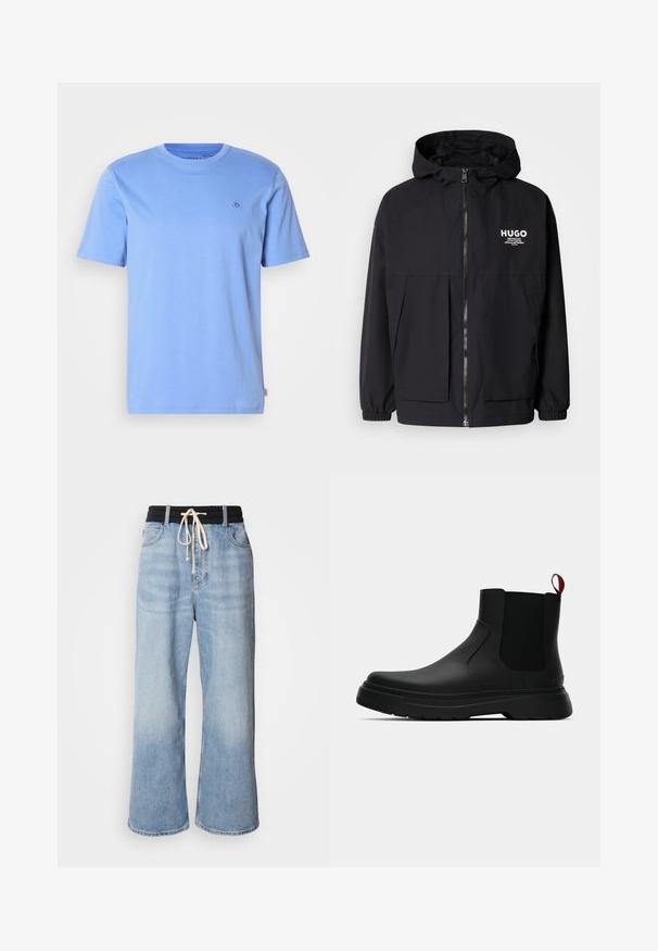 Černá kapucňová bunda s plným předním zipem, elastickými manžetami a dvojitými předními kapsami. Tištěné logo na levém prsu. Hladká textura.; Světle modré bavlněné tričko s kulatým výstřihem a krátkými rukávy. Na hrudi má malé vyšívané logo a postranní štítek.; Světle modré široké džíny s černým elastickým pasem, s šňůrkovým uzávěrem a klasickým designem s pěti kapsami.; Černé kotníkové boty s hladkým povrchem, elastickými bočními panely a kontrastním červeným poutkem, s tlustou gumovou podrážkou a zaoblenou špičkou.