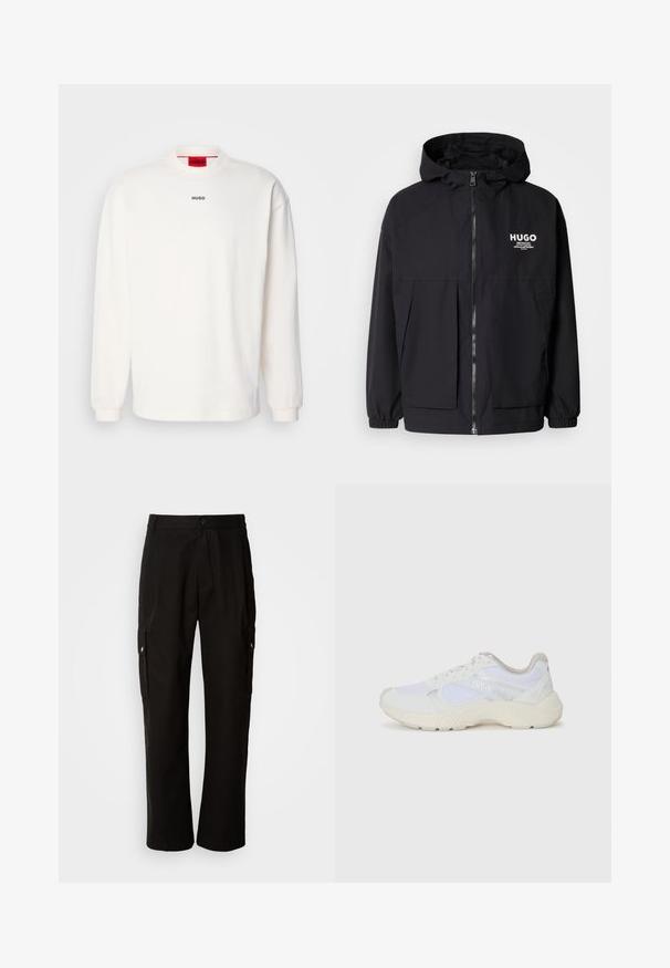 Svart hettegenser med full frontglidelås, elastiske mansjetter og doble frontlommer. Trykt logo på venstre bryst. Glatt tekstur.; Hvit langermet sweatshirt laget av bomull. Har rund hals, ribbestrikkede mansjetter og en liten svart "HUGO"-logo på brystet. Rød innerlapp.; Svart cargobukse laget av bomull med avslappet passform, med sidelommer, knappeåpning og rette ben. Enkelt design uten mønstre.; Hvit idrettssko laget av mesh og skinn, med en teksturert mellomsåle, teksturerte detaljer og "HUGO"-logo på siden.