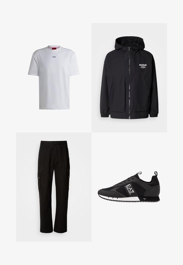 Mustat hupparitakki, jossa on täysipituinen vetoketju, joustavat hihansuut ja kaksinkertaiset etupussit. Vasemmassa rinnassa painettu logo. Sileä tekstuuri.; Valkoinen puuvillapaita lyhyillä hihoilla, pyöreällä kaula-aukolla ja mustalla "HUGO"-logolla rinnassa. Tasainen rakenne, rento istuvuus, ei kuoseja.; Mustat cargo-housut puuvillasta, joissa on rento istuvuus, sivutaskut, nappikiinnitys ja suorat lahkeet. Yksinkertainen muotoilu ilman kuvioita.; EA7 Emporio Armani Matalavartiset tennarit - black/white