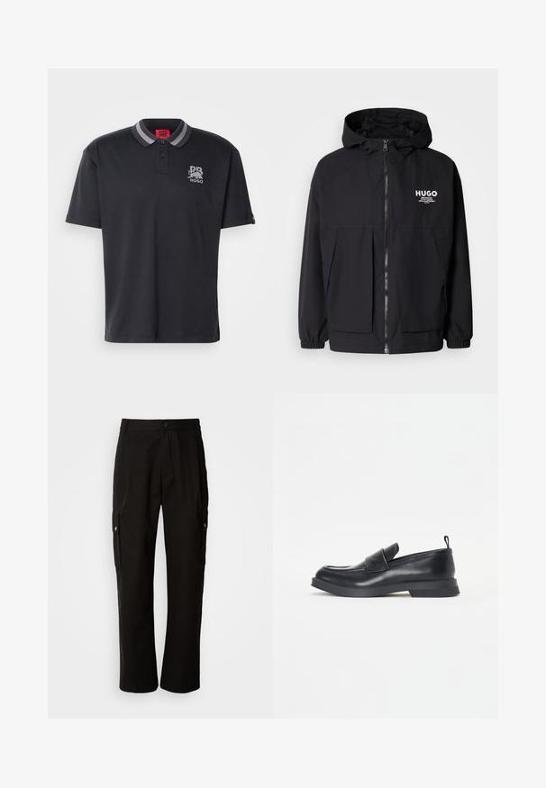 Black hooded jacket featuring a full front zip, elastic cuffs, and dual front pockets. Printed logo on the left chest. Smooth texture.; Black polo shirt with a two-button placket, gray striped collar, and "Hugo" logo on the chest. Short sleeves and smooth fabric texture.; Black cargo pants made of cotton with a relaxed fit, featuring side pockets, a button closure, and straight legs. Simple design without patterns.; Black leather loafers with a rounded toe, front strap detail, and a low rubber sole. Features subtle stitching and a rear pull tab.