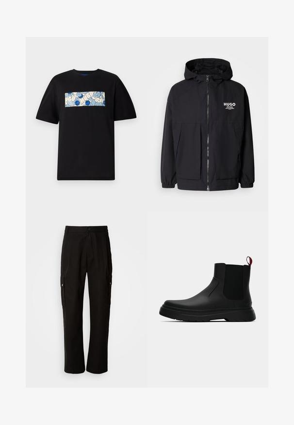 Černá kapucňová bunda s plným předním zipem, elastickými manžetami a dvojitými předními kapsami. Tištěné logo na levém prsu. Hladká textura.; Černé bavlněné tričko s obdélníkovou grafikou v modré a krémové barvě, zdobené kruhovými vzory a kresbičkami, navržené pro uvolněný střih.; Černé cargo kalhoty vyrobené z bavlny s uvolněným střihem, vybavené bočními kapsami, zapínáním na knoflík a rovnými nohavicemi. Jednoduchý design bez vzorů.; Černé kotníkové boty s hladkým povrchem, elastickými bočními panely a kontrastním červeným poutkem, s tlustou gumovou podrážkou a zaoblenou špičkou.