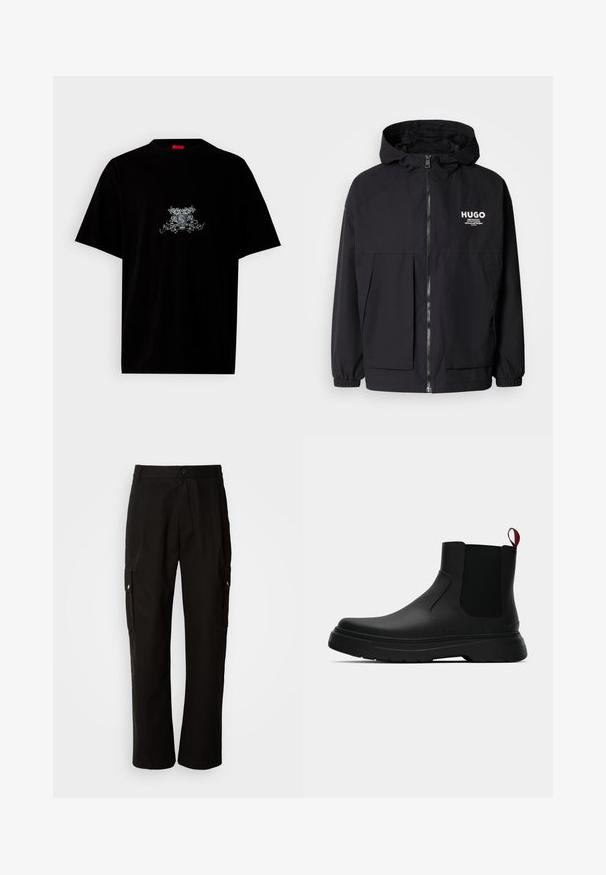 Svart huva jacka med full dragkedja fram, elastiska ärmslut och dubbla framfickor. Tryckt logotyp på vänster bröst. Slät textur.; Svart bomulls t-shirt med rund hals, korta ärmar och en framsidesgrafik i silver som har blommiga och emblematiska detaljer.; Svarta cargobyxor i bomull med avslappnad passform, utrustade med sidofickor, knapplås och raka ben. Enkelt design utan mönster.; Svarta ankelstövlar med en slät yta, elastiska sidopaneler och en kontrasterande röd dragflik, med en tjock gummisula och rund tå.