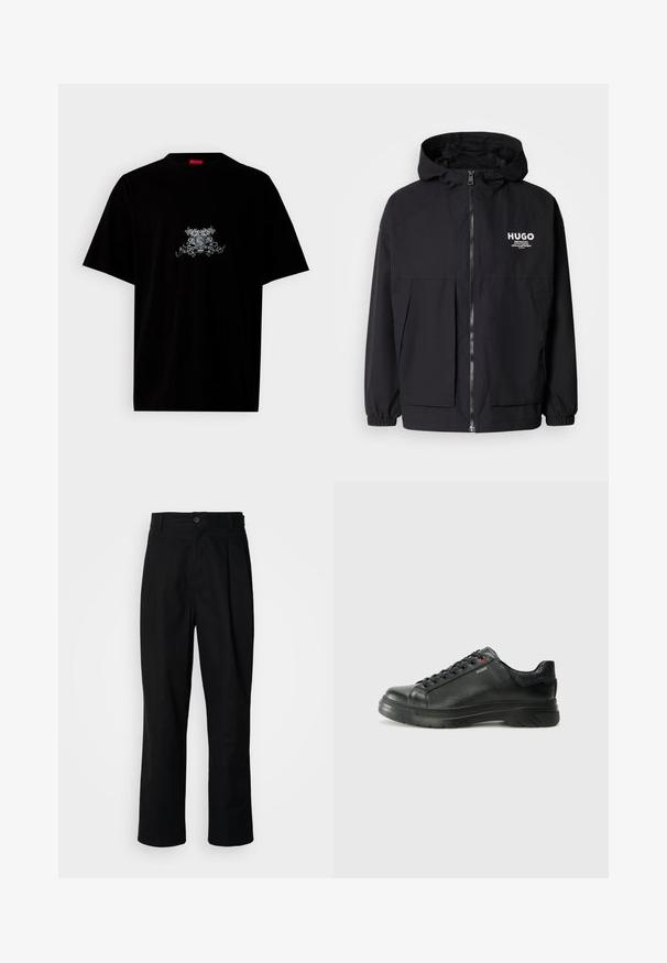 Crna kapuljača s punim prednjim zatvaračem, elastičnim rukavima i dvostrukim prednjim džepovima. Ispisani logo na lijevoj strani prsnog koša. Glatka tekstura.; Crni pamučni majica s okruglim izrezom, kratkim rukavima i prednjim grafičkim dizajnom u srebrnoj boji s cvjetnim i simboličnim detaljima.; Crne hlače ravnog kroja s pojasom na dugmad, špicevima za remen i prednjim pregibom, prikazane na čisto bijeloj pozadini.; Crne kožne tenisice s teksturiranim gornjim dijelom, podstavljenim ovratnikom i crvenim logotipom. Imaju debeli gumeni potplat s izraženim uzorkom.