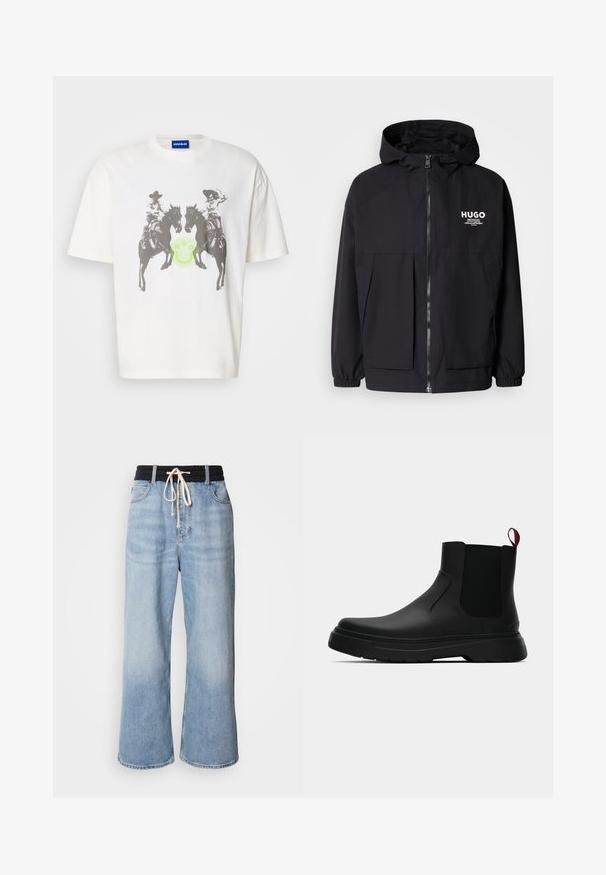 Zwarte hoodie-jack met een volledige rits aan de voorkant, elastische manchetten en twee voorzakken. Gedrukt logo op de linkerborst. Glad textuur.; Witte katoenen t-shirt met een grafische print van twee ruiters op paarden, met in het midden een groene smiley. Losse pasvorm, korte mouwen.; Lichtblauwe wijde jeans met een zwarte elastische tailleband, voorzien van een trekkoordsluiting en een klassieke vijf-pocket ontwerp.; Zwarte enkelboot met een gladde afwerking, elastische zijpanelen en een contrasterende rode treklus, met een dikke rubberen zool en een afgeronde teen.
