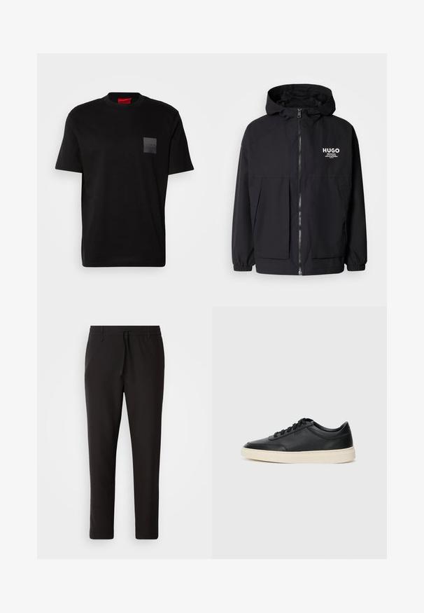 Casaco preto com capuz, apresentando um zíper frontal completo, punhos elásticos e dois bolsos frontais. Logótipo impresso no lado esquerdo do peito. Textura suave.; Camiseta de algodão preta com decote redondo, apresentando um patches texturizado preto com o logótipos no lado esquerdo do peito. Mangas curtas e corte descontraído.; Calças de jogging pretas feitas de tecido liso. Apresentam uma cintura elástica com cordão, pernas ligeiramente ajustadas e sem bolsos visíveis. Design simples.; Sapatilha preta de cano baixo em pele com atacadores pretos e sola off-white, apresentada em perfil lateral sobre fundo branco.