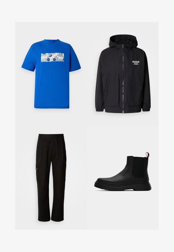 Sort hættejakke med lynlås foran, elastiske manchetter og to foran lommer. Trykt logo på venstre bryst. Glat tekstur.; Blå bomulds T-shirt med et rektangulært grafisk design, der har runde former og blå accenter på en lys baggrund. Korte ærmer.; Sorte cargo bukser lavet af bomuld med en afslappet pasform, der har sidelommer, knaplukning og lige ben. Enkel design uden mønstre.; Sort ankelstøvle med en glat overflade, elastiske sidepaneler og en kontrasterende rød træksløjfe, der har en tyk gummisål og rund tå.