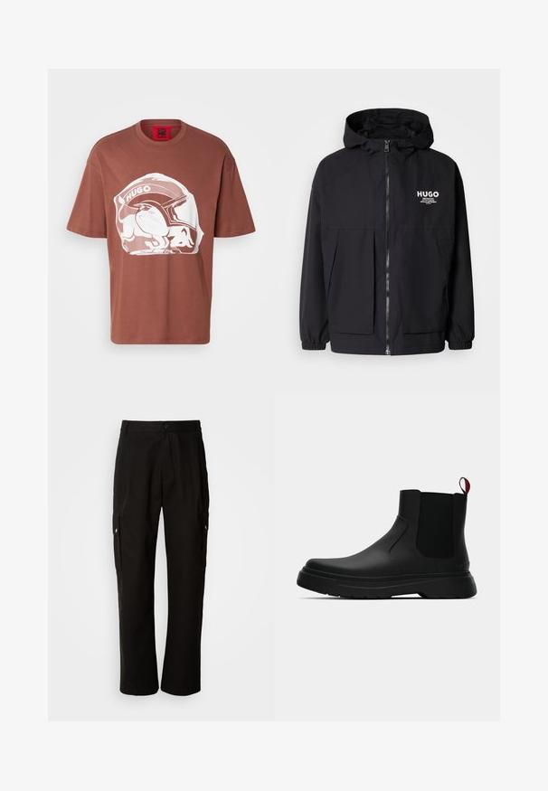 Svart hettegenser med full frontglidelås, elastiske mansjetter og doble frontlommer. Trykt logo på venstre bryst. Glatt tekstur.; HUGO DIT - T-shirts med print - medium brown; Svart cargobukse laget av bomull med avslappet passform, med sidelommer, knappeåpning og rette ben. Enkelt design uten mønstre.; Sorte ankelstøvler med en glat overflade, elastiske sidepaneler og en kontrastfyldt rød trækflik, med en tykk gummisål og rund tå.