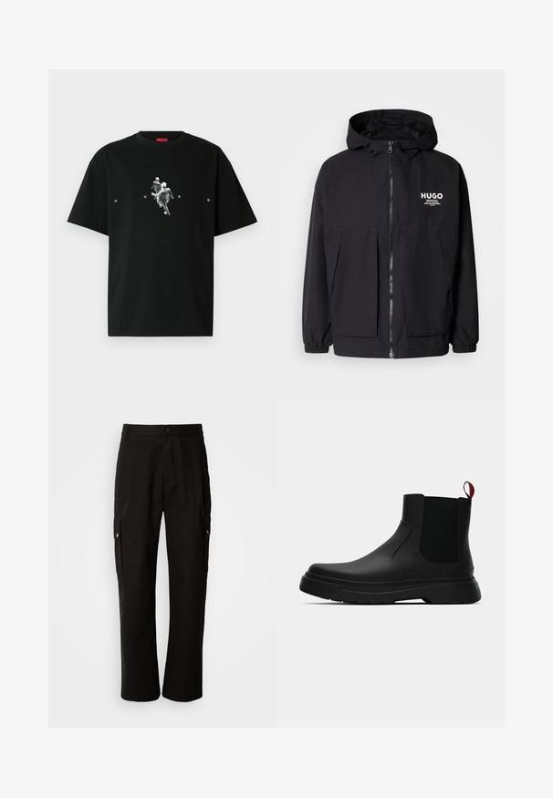 Black hooded jacket featuring a full front zip, elastic cuffs, and dual front pockets. Printed logo on the left chest. Smooth texture.; Black cotton t-shirt featuring a graphic of two figures in motion, with the word "HUGO" in white text below the design. Short sleeves, crew neck.; Black cargo pants made of cotton with a relaxed fit, featuring side pockets, a button closure, and straight legs. Simple design without patterns.; Black ankle boot with a smooth finish, elastic side panels, and a contrasting red pull tab, featuring a thick rubber sole and rounded toe.