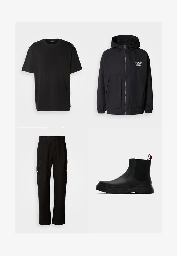 Čierna kapucňová bunda s plným predným zipsom, elastickými manžetami a dvojitými prednými vreckami. Tlačené logo na ľavej hrudi. Hladký povrch.; Čierne tričko s krátkym rukávom vyrobené z bavlny. Obsahuje náprsné vrecko a má voľný strih. Jednoduchý dizajn bez viditeľných vzorov alebo akcentov.; Čierne cargo nohavice vyrobené z bavlny s voľným strihom, majú bočné vrecká, zapínanie na gombík a rovné nohavice. Jednoduchý dizajn bez vzorov.; Čierne členkové topánky s hladkým povrchom, elastickými bočnými panelmi a kontrastným červeným poutkom, vybavené hrubou gumovou podrážkou a zaoblenou špičkou.