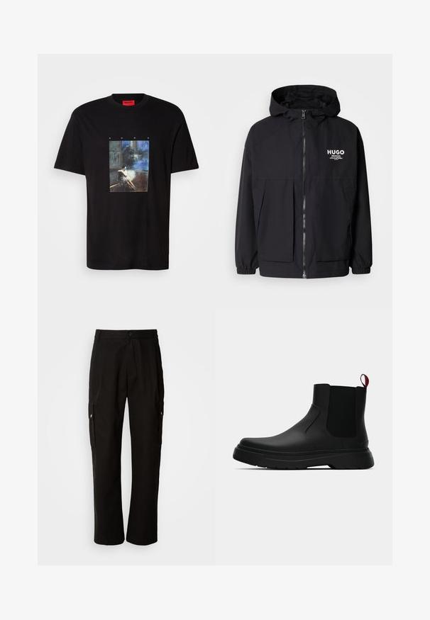 Svart hettegenser med full frontglidelås, elastiske mansjetter og doble frontlommer. Trykt logo på venstre bryst. Glatt tekstur.; Svart Hugo t-skjorte med et grafisk bilde av en kvinne som sitter på gulvet i et mørkt rom med en bakgrunn i blåtoner, og "HUGO"-tekst over.; Svart cargobukse laget av bomull med avslappet passform, med sidelommer, knappeåpning og rette ben. Enkelt design uten mønstre.; Sorte ankelstøvler med en glat overflade, elastiske sidepaneler og en kontrastfyldt rød trækflik, med en tykk gummisål og rund tå.