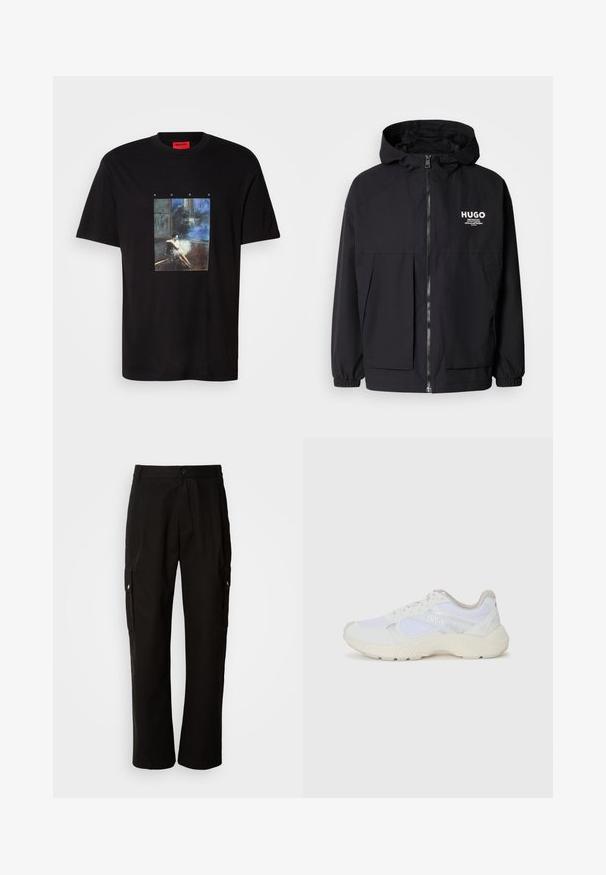 Black hooded jacket featuring a full front zip, elastic cuffs, and dual front pockets. Printed logo on the left chest. Smooth texture.; Black Hugo t-shirt with a graphic of a woman sitting on the floor in a dark room with blue-toned background, and "HUGO" text above.; Black cargo pants made of cotton with a relaxed fit, featuring side pockets, a button closure, and straight legs. Simple design without patterns.; White athletic shoes made of mesh and suede, featuring a textured midsole, textured accents, and "HUGO" logo on the side.