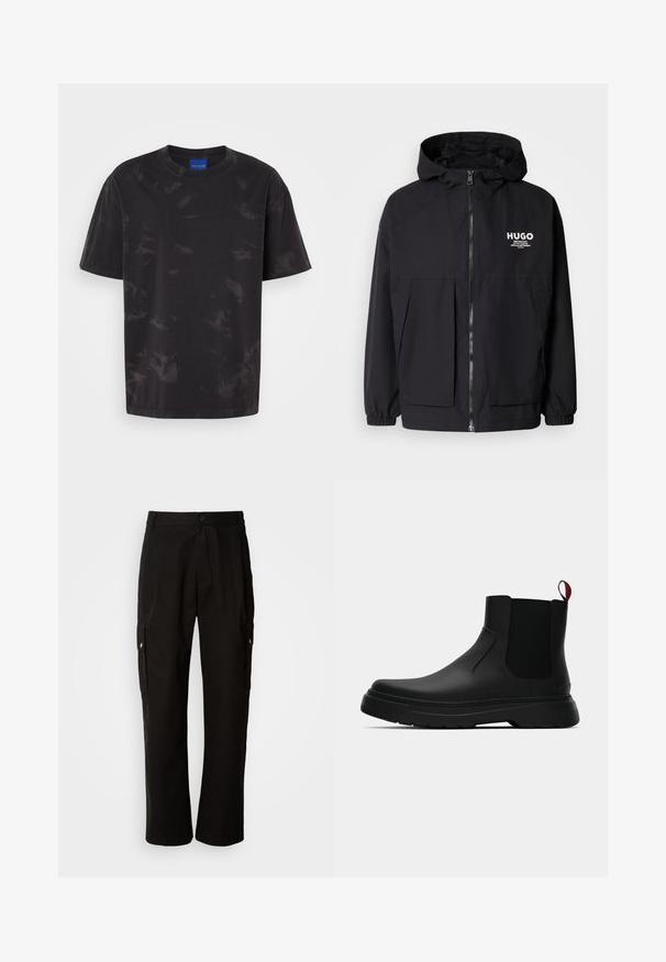 Melnā kapuce jaka ar pilnu priekšējo rāvējslēdzēju, elastīgām piedurknēm un divām priekšējām kabatām. Izdrukāts logo kreisajā krūtī. Gluda tekstūra.; Melns kokvilnas t-krekls ar apaļu kaklu, īsām piedurknēm un delikātu tonālu abstraktu rakstu. Iekļauts pogu dekors uz pleca.; Melnas kokvilnas kravas bikses ar brīvu piegriezumu, ar sānu kabatām, pogu aizdari un taisnām kājām. Vienkāršs dizains bez rakstiem.; Melnas potītes ar gludu apdari, elastīgiem sānu paneļiem un kontrastējošu sarkano cilpu, aprīkotas ar biezu gumijas zoli un noapaļotu purngalu.