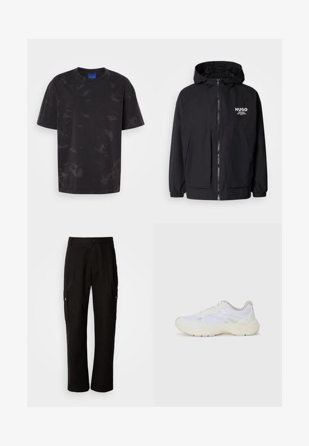 Fekete kapucnis dzseki, teljes elülső cipzárral, elasztikus mandzsettákkal és két elülső zsebbel. Nyomtatott logó a bal mellen. Simább textúra.; Fekete pamut póló kerek nyakkal, rövid ujjakkal és diszkrét, tónusos absztrakt mintával. Vállán gombos részletekkel rendelkezik.; Fekete vászont nadrág laza szabással, oldalsó zsebekkel, gombos záródással és egyenes lábakkal. Egyszerű minta nélküli design.; Fehér sportcipők, amelyek hálós és velúr anyagból készültek, texturált középtalppal, texturált részletekkel és a "HUGO" logóval az oldalon.