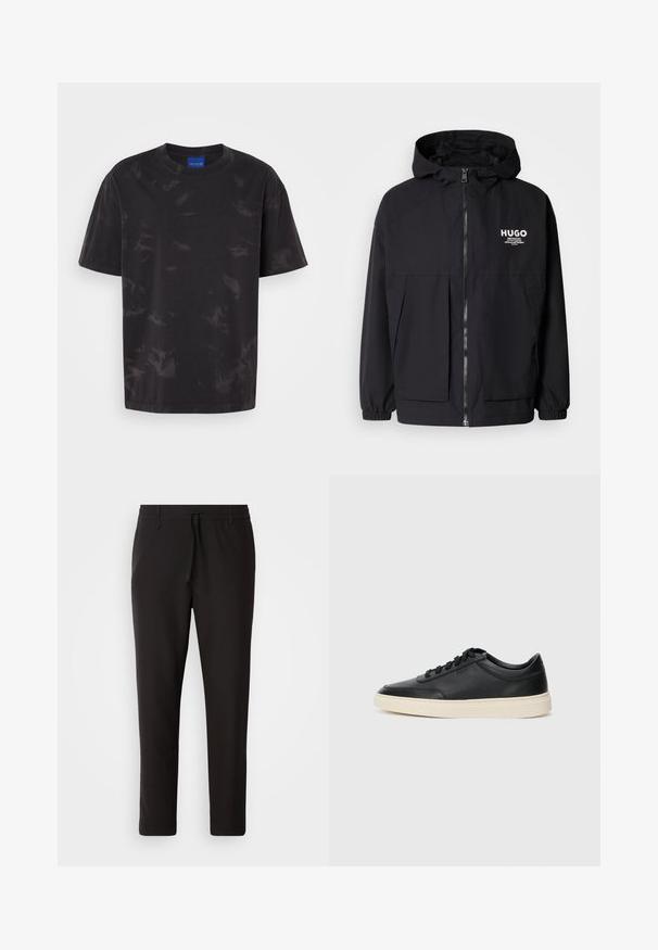 Black hooded jacket featuring a full front zip, elastic cuffs, and dual front pockets. Printed logo on the left chest. Smooth texture.; Black cotton t-shirt with a round neck, short sleeves, and subtle tonal abstract pattern. Features button detailing on the shoulder.; Black jogger pants made of smooth fabric. Feature an elastic waistband with a drawstring, tapered legs, and no visible pockets. Simple design.; Black low-top leather sneaker with black laces and off-white sole shown in side profile on white background.