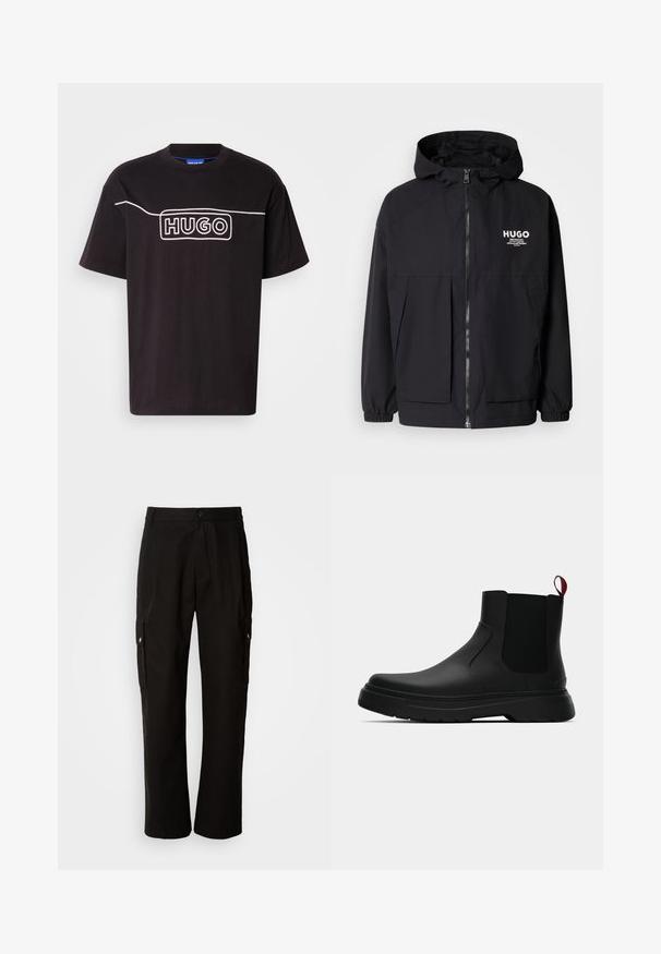 Černá kapucňová bunda s plným předním zipem, elastickými manžetami a dvojitými předními kapsami. Tištěné logo na levém prsu. Hladká textura.; Černé bavlněné tričko s bílým obrysem loga "HUGO" přes hrudník. Krátké rukávy a kulatý výstřih. Jednoduchý, ležérní design.; Černé cargo kalhoty vyrobené z bavlny s uvolněným střihem, vybavené bočními kapsami, zapínáním na knoflík a rovnými nohavicemi. Jednoduchý design bez vzorů.; Černé kotníkové boty s hladkým povrchem, elastickými bočními panely a kontrastním červeným poutkem, s tlustou gumovou podrážkou a zaoblenou špičkou.