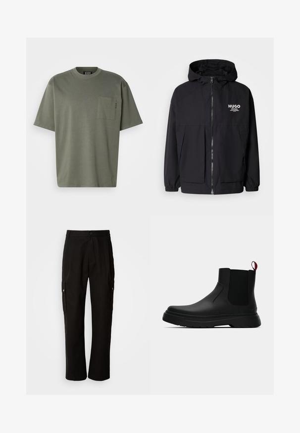 Juodas gobtuvas striukė su pilnu priekiniu užtrauktuku, elastinėmis rankovėmis ir dviem priekinėmis kišenėmis. Spausdintas logo ant kairės krūtinės. Lygus tekstūruotas paviršius.; Alkoholinis žalias medvilninis marškinėliai su apvaliu iškirpimu, trumpomis rankovėmis ir krūtinės kišeniu su siuvinėjimu. Minkšta tekstūra, kasdienis dizainas.; Juodos krovinių kelnės, pagamintos iš medvilnės, laisvo kirpimo, su šoninėmis kišenėmis, mygtuko uždarymu ir tiesiomis kojomis. Paprastas dizainas, be raštų.; Juodas kulkšninis batas su lygiu paviršiumi, elastiniais šonų intarpais ir kontrastingu raudonu kilimėliu, turintis storą guminį pado ir apvalią nosį.