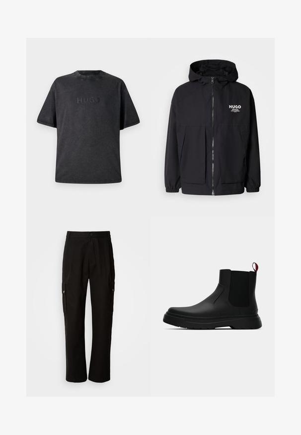 Black hooded jacket featuring a full front zip, elastic cuffs, and dual front pockets. Printed logo on the left chest. Smooth texture.; Black short-sleeved t-shirt made of cotton with a round neckline. Features a debossed "HUGO" logo at the front. Smooth texture with stitching details.; Black cargo pants made of cotton with a relaxed fit, featuring side pockets, a button closure, and straight legs. Simple design without patterns.; Black ankle boot with a smooth finish, elastic side panels, and a contrasting red pull tab, featuring a thick rubber sole and rounded toe.