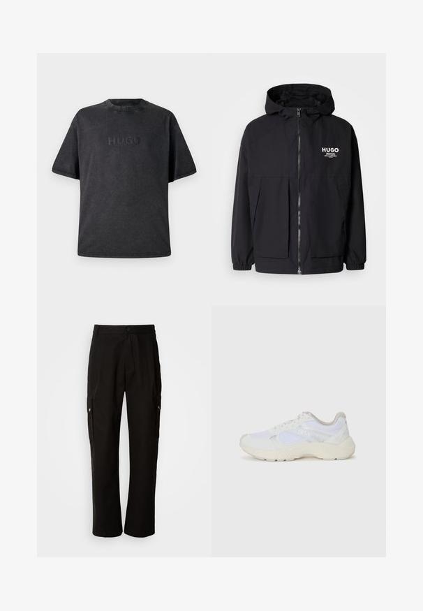 Černá kapucňová bunda s plným předním zipem, elastickými manžetami a dvojitými předními kapsami. Tištěné logo na levém prsu. Hladká textura.; Černé tričko s krátkým rukávem vyrobené z bavlny s kulatým výstřihem. Na přední straně se nachází vytlačené logo "HUGO". Hladký povrch s detaily šití.; Černé cargo kalhoty vyrobené z bavlny s uvolněným střihem, vybavené bočními kapsami, zapínáním na knoflík a rovnými nohavicemi. Jednoduchý design bez vzorů.; Bílé sportovní boty vyrobené z síťoviny a semiše, s texturovanou mezipodešví, texturovanými akcenty a logem "HUGO" na boku.