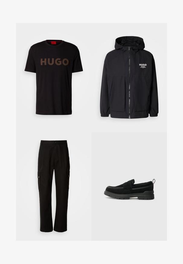 Must tumes jakk, millel on täispikktõmblukk, elastsed mansetid ja kaks esist pocketit. Prinditud logo vasakul rinnal. Sile tekstuur.; Must kollane puuvilla T-särk, mille esiküljel on suur, tekstuuriga pronksist "HUGO" logo. Särgil on ümmargune kaelus ja lühikesed varrukad.; Mustad mustadeks rõivasteks mõeldud puuvillased püksid, millel on lõdva istuvuse disain, küljetaskud, nööbiga sulgemine ja sirged sääred. Lihtne disain ilma mustriteta.; Mustad sametist mustad libisevad jalanõud paksu musta kummitaldiga, millel on ülemine rihm ja kontrastsed õmblused.