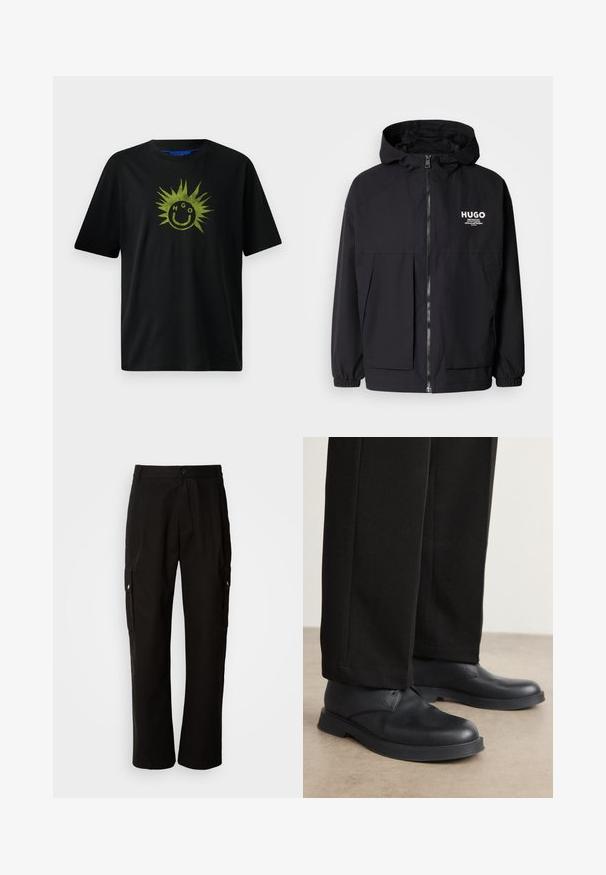 Schwarze Kapuzenjacke mit einem durchgehenden Reißverschluss an der Vorderseite, elastischen Bündchen und zwei vorderen Taschen. Bedrucktes Logo auf der linken Brust. Glatte Textur.; Schwarzes Baumwoll-T-Shirt mit kurzen Ärmeln, das ein grünes Sonnengrafik und ein Smile-Gesicht-Design zeigt, in das die Buchstaben "HGO" integriert sind.; Schwarze Cargo-Hosen aus Baumwolle mit lockerem Schnitt, seitlichen Taschen, Knopfverschluss und geradem Bein. Einfaches Design ohne Muster.; Schwarze Lederschuhe mit abgerundeter Zehe, flacher Sohle und minimalem Design. Kombiniert mit maßgeschneiderten schwarzen Hosen, die eine glatte Textur zeigen.