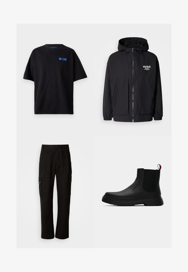 Sort hættejakke med lynlås foran, elastiske manchetter og to foran lommer. Trykt logo på venstre bryst. Glat tekstur.; Sort bomulds t-shirt med en afslappet pasform, som har et blåt "Hug" logo på brystet, rund halsudskæring og korte ærmer. Enkel design.; Sorte cargo bukser lavet af bomuld med en afslappet pasform, der har sidelommer, knaplukning og lige ben. Enkel design uden mønstre.; Sort ankelstøvle med en glat overflade, elastiske sidepaneler og en kontrasterende rød træksløjfe, der har en tyk gummisål og rund tå.