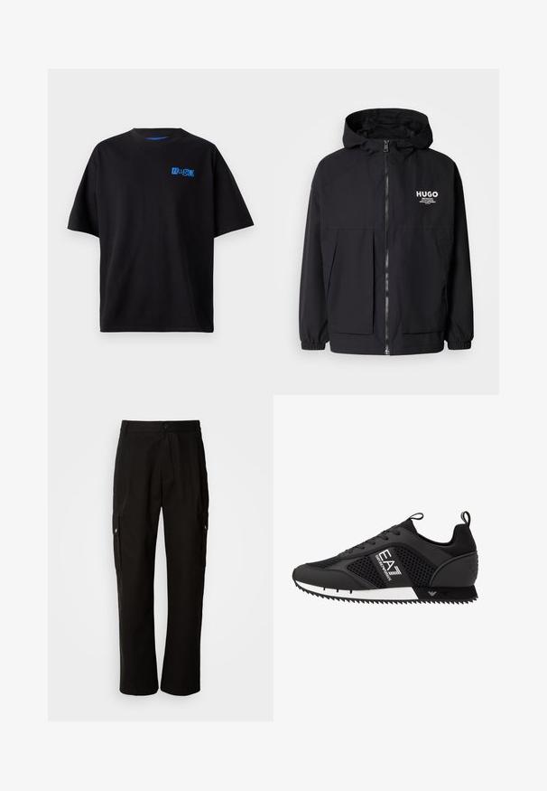 Schwarze Kapuzenjacke mit einem durchgehenden Reißverschluss an der Vorderseite, elastischen Bündchen und zwei vorderen Taschen. Bedrucktes Logo auf der linken Brust. Glatte Textur.; Schwarzes Baumwoll-T-Shirt mit bequemer Passform, featuring ein blaues "Hug"-Logo auf der Brust, Rundhalsausschnitt und kurzen Ärmeln. Einfaches Design.; Schwarze Cargo-Hosen aus Baumwolle mit lockerem Schnitt, seitlichen Taschen, Knopfverschluss und geradem Bein. Einfaches Design ohne Muster.; EA7 Emporio Armani Sneaker low - black/white