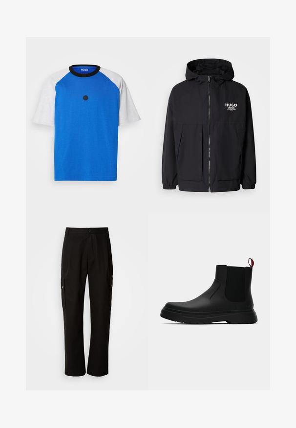 Sort hættejakke med lynlås foran, elastiske manchetter og to foran lommer. Trykt logo på venstre bryst. Glat tekstur.; Blå kortærmet t-shirt med grå raglanærmer, rund sort krave og et sort cirkulært logo foran. Glat bomuldsstruktur.; Sorte cargo bukser lavet af bomuld med en afslappet pasform, der har sidelommer, knaplukning og lige ben. Enkel design uden mønstre.; Sort ankelstøvle med en glat overflade, elastiske sidepaneler og en kontrasterende rød træksløjfe, der har en tyk gummisål og rund tå.