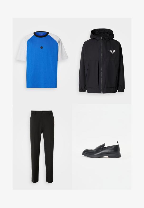 Melnā kapuce jaka ar pilnu priekšējo rāvējslēdzēju, elastīgām piedurknēm un divām priekšējām kabatām. Izdrukāts logo kreisajā krūtī. Gluda tekstūra.; Zila īsām piedurknēm T-krekls ar pelēkiem raglāna piedurknēm, apaļa melna apkakle un melns apļveida logotips priekšā. Gluda kokvilnas tekstūra.; Melnas bikses no gludas auduma ar taisnām kājām, pogu aizdari un klasisku dizainu, kas piemērots gan formālai, gan ikdienišķai valkāšanai.; Melnas ādas loafers kurpes ar noapaļotu purngalu, priekšējo siksnu detaļu un zemu gumijas zoli. Iekļauj diskrētu šuvēm un aizmugurējo cilpu.