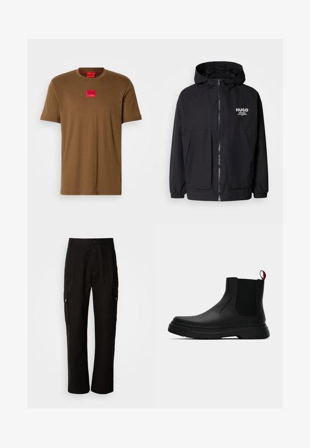 Black hooded jacket featuring a full front zip, elastic cuffs, and dual front pockets. Printed logo on the left chest. Smooth texture.; Brown short-sleeve T-shirt with red rectangular logo patch labeled "HUGO" at the center chest.; Black cargo pants made of cotton with a relaxed fit, featuring side pockets, a button closure, and straight legs. Simple design without patterns.; Black ankle boot with a smooth finish, elastic side panels, and a contrasting red pull tab, featuring a thick rubber sole and rounded toe.