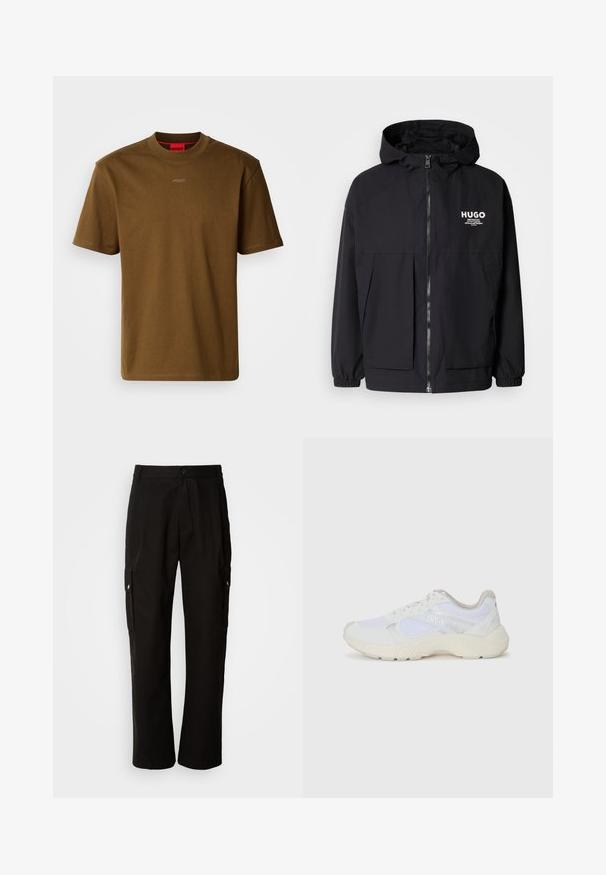Črna kapuca jakna z full front zadrgo, elastičnimi manšetami in dvema sprednjima žepoma. Natisnjena logo na levi prsni strani. Gladka tekstura.; Rjava bombažna majica s kratkimi rokavi in okroglo ovratnikom, na prsih pa je subtilen logotip "HUGO" v svetlo sivi barvi. Gladka tekstura, običajen kroj.; Črne cargo hlače iz bombaža z sproščenim krojem, opremljene s stranskimi žepi, gumbom za zapiranje in ravnimi nogami. Preprost dizajn brez vzorcev.; Bela športna obuvala iz mrežastega in semiš materiala, z teksturiranim podplatom, teksturiranimi dodatki in logotipom "HUGO" na strani.