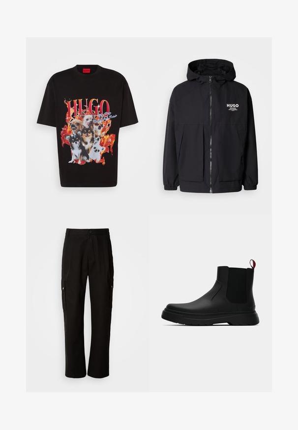 Juodas gobtuvas striukė su pilnu priekiniu užtrauktuku, elastinėmis rankovėmis ir dviem priekinėmis kišenėmis. Spausdintas logo ant kairės krūtinės. Lygus tekstūruotas paviršius.; Juoda marškinėliai su ryškia grafika, vaizduojančia kelis šunis priešais ugnies foną. „HUGO“ aiškiai išspausdintas ryškiu raudonu tekstu.; Juodos krovinių kelnės, pagamintos iš medvilnės, laisvo kirpimo, su šoninėmis kišenėmis, mygtuko uždarymu ir tiesiomis kojomis. Paprastas dizainas, be raštų.; Juodas kulkšninis batas su lygiu paviršiumi, elastiniais šonų intarpais ir kontrastingu raudonu kilimėliu, turintis storą guminį pado ir apvalią nosį.