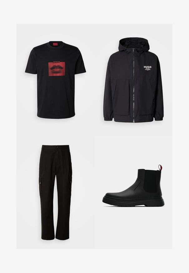 Chaqueta negra con capucha que presenta un cierre frontal completo, puños elásticos y dos bolsillos frontales. Logo impreso en el lado izquierdo del pecho. Textura suave.; Camiseta de algodón negra con un estampado gráfico de labios rojos dentro de un cuadrado. El estampado tiene un patrón de puntos y muestra la marca "HUGO" en la parte superior.; Pantalones cargo negros de algodón con un corte relajado, que cuentan con bolsillos laterales, cierre de botón y perneras rectas. Diseño simple sin patrones.; Botín negro con un acabado liso, paneles laterales elásticos y una lengüeta de tirón roja contrastante, que presenta una suela de goma gruesa y punta redondeada.